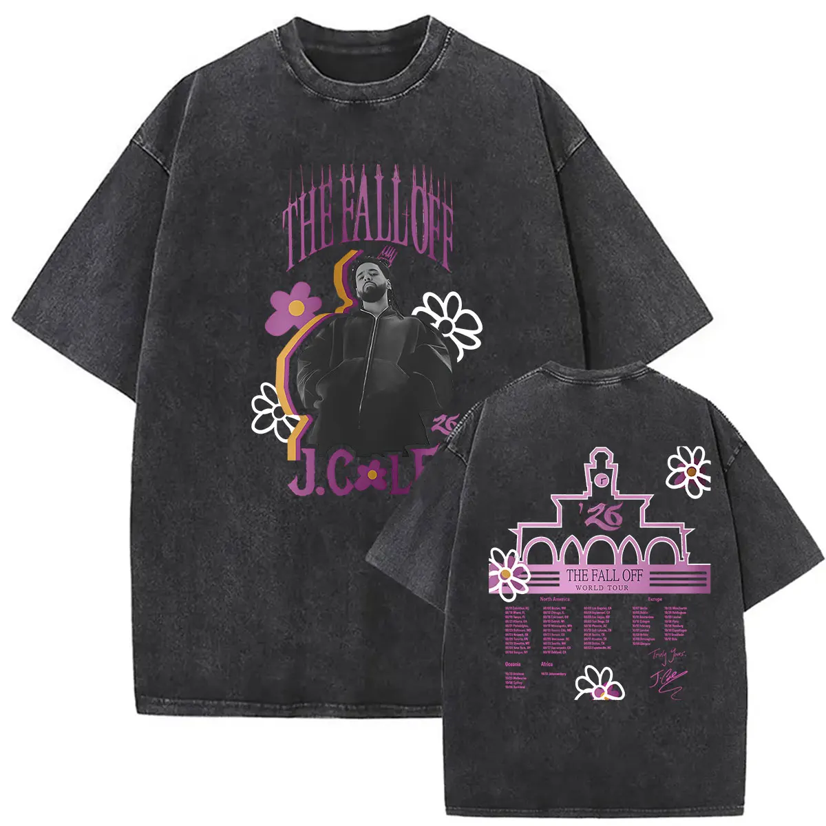 Vintage Washed J.Cole The Fall Off World Tour 2026 Grafik-T-Shirts Herrenbekleidung Mode Gothic Hip Hop Kurzarm-T-Shirts – Detail 2