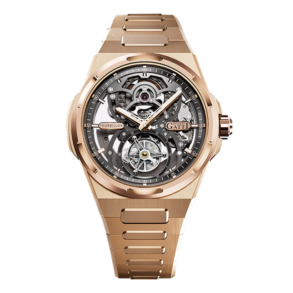 BONEST GATTI Men Tourbillon Watch 42mm Mechanical Wristwatch Sapphire Glass Luminous Crystal Skeleton Dial