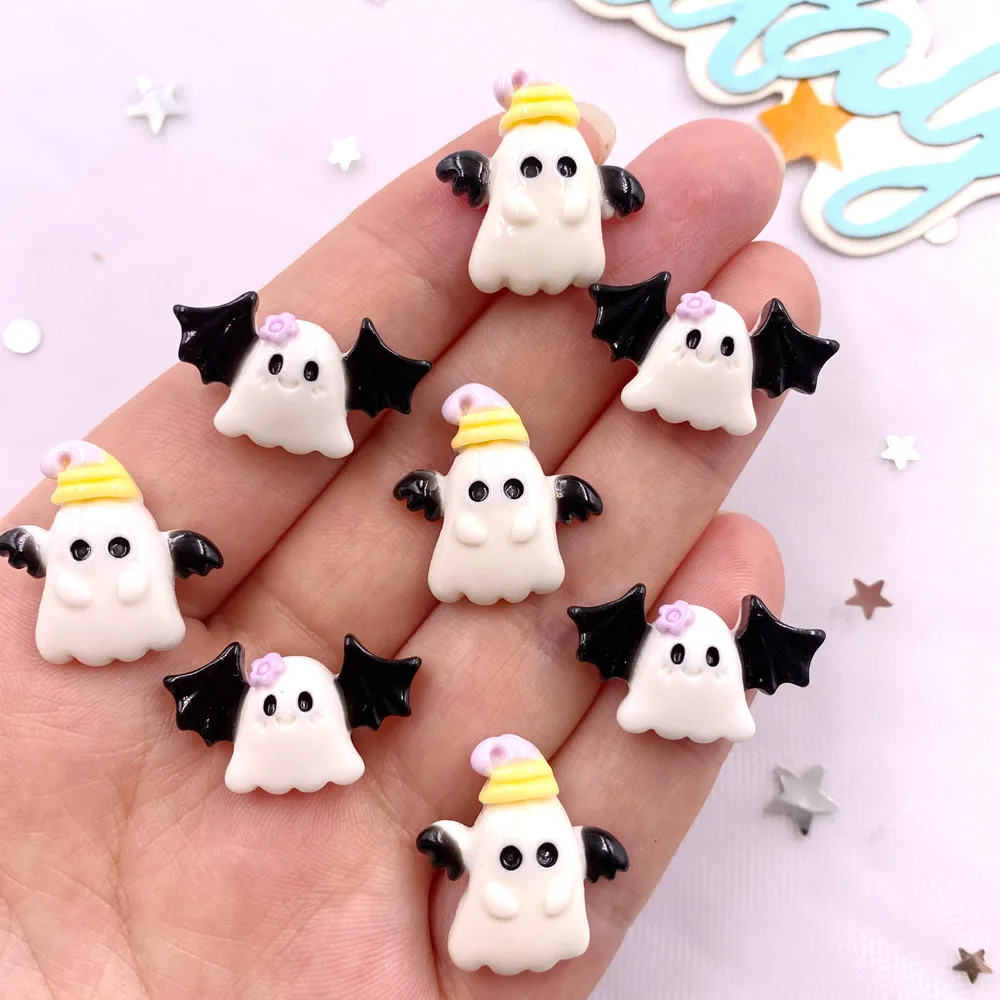 10Pcs Resin Colorful Cute Witch Hat Cat Bat Skull Figurines Flat back Stone DIY Bow Halloween Decor Scrapbook Crafts Accessories