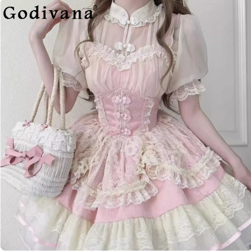 

Spring Summer New Sweet Lolita Slash Neck Princess Jsk Dress Fashion High Waist A-line Cute Girl Ballet Lace Cake Fairy Dresses