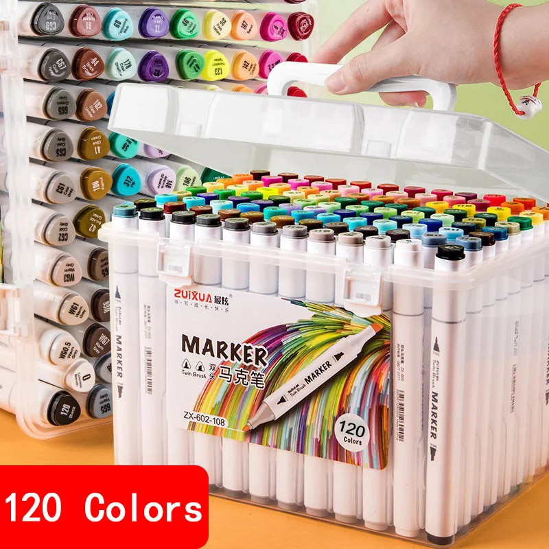 

Children's Marker Set 120 Colors Portable Double Headed Arts Markers Set Student Stationery Manga Painting Oily Pen Marker Pen