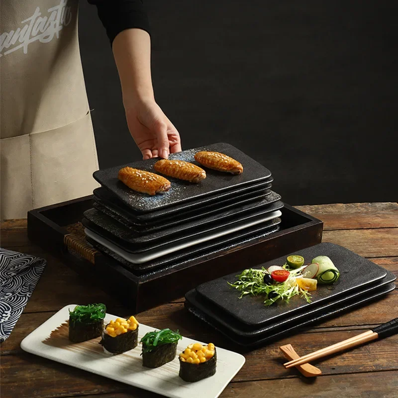 1PC Japanese Sushi Barbecue Plate Ceramic Rectangular Flat Plate Restaurant Creative Dim Sum Cake Household Goods