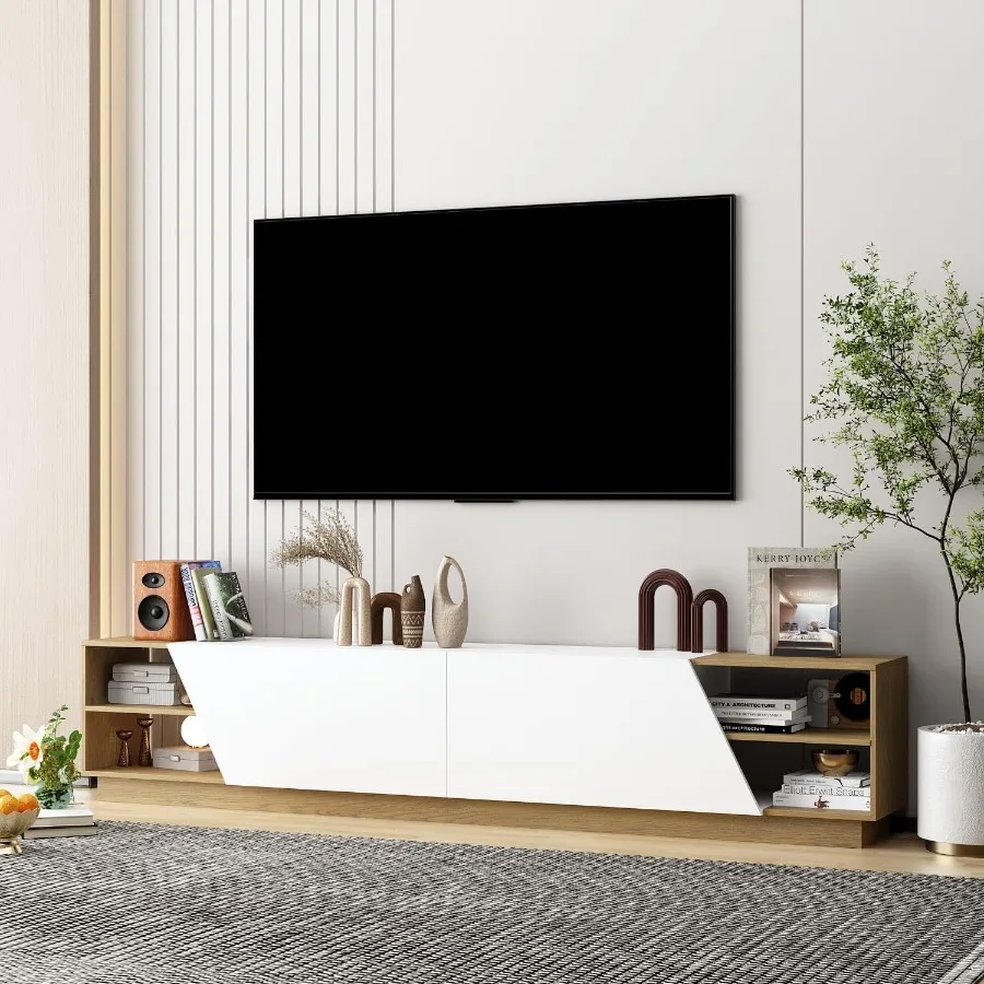 Modern TV Console TV Stand with Open Shelves Media Storage Console Table with 2 Doors Contemporary Media Console for Living Roo