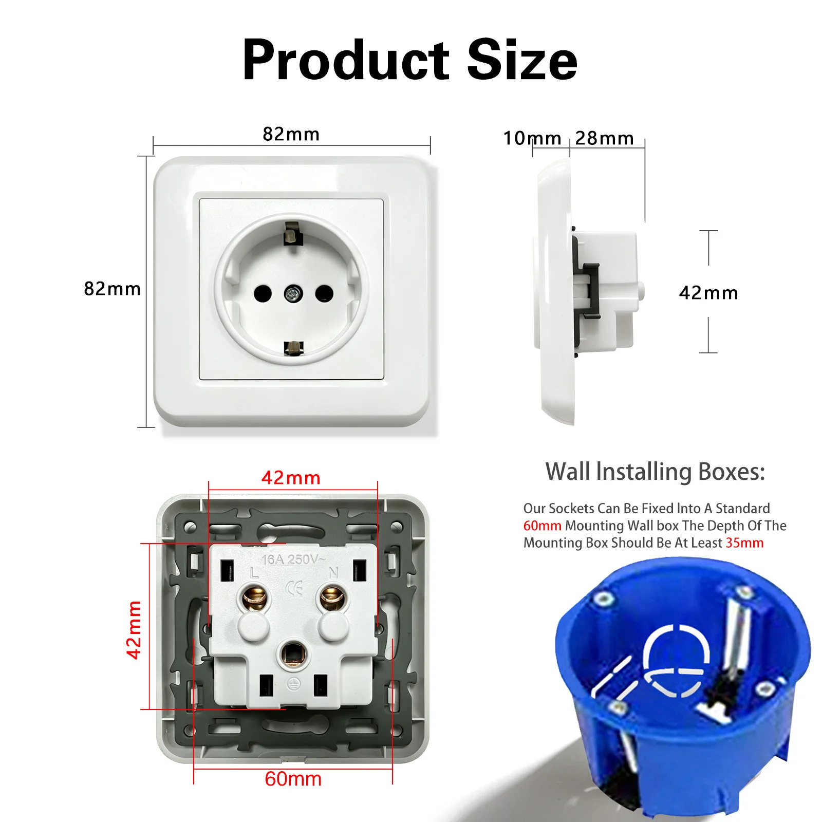 UBARO EU Standard Wall Socket 16A 250V Grounded Child Safety Lock for  European Round Box 4 Colors Optional