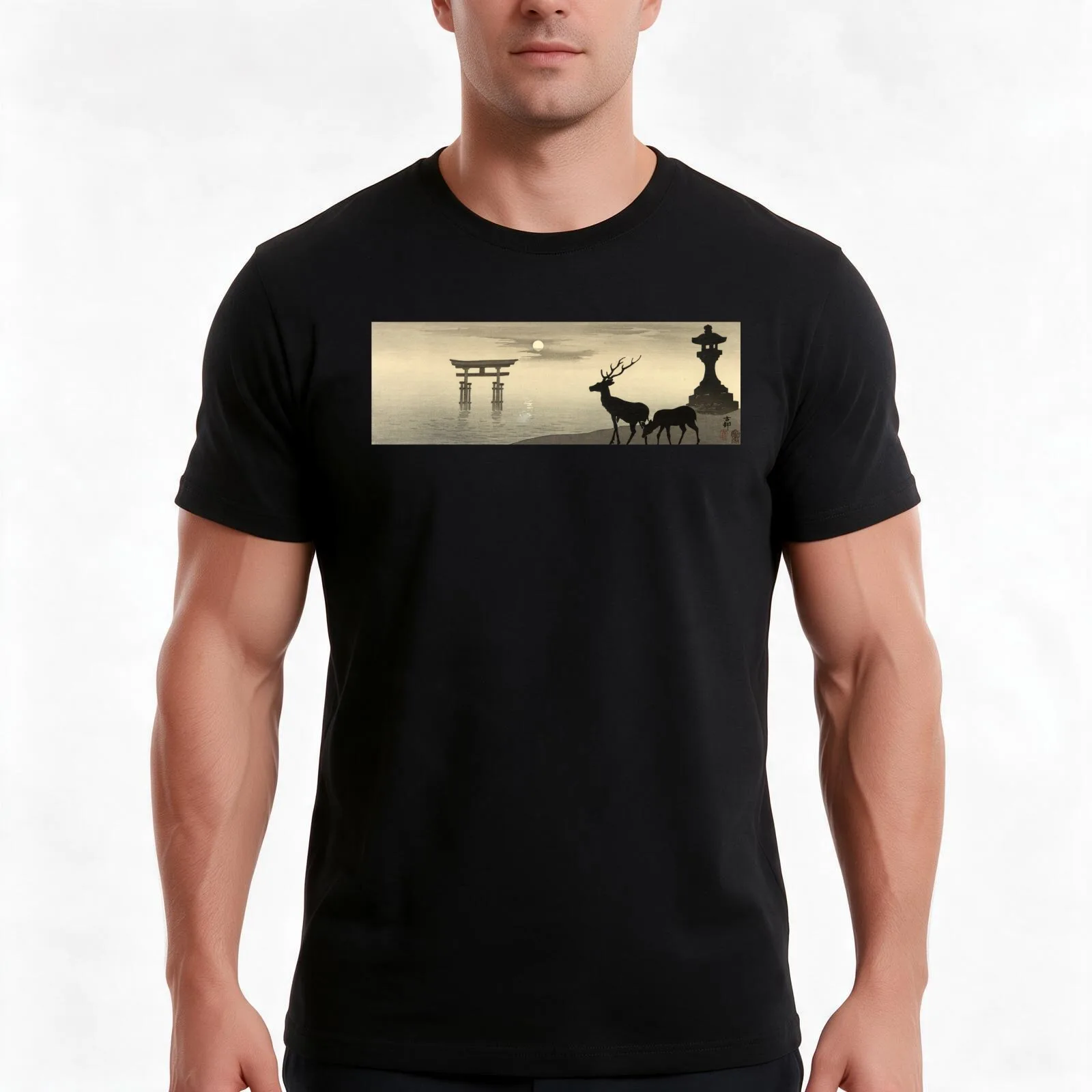 Torii Lantern and Deer by Ohara Koson T-Shirt Summer Casual Cotton Tee Oversized Streetwear Tops Vintage Graphic Print