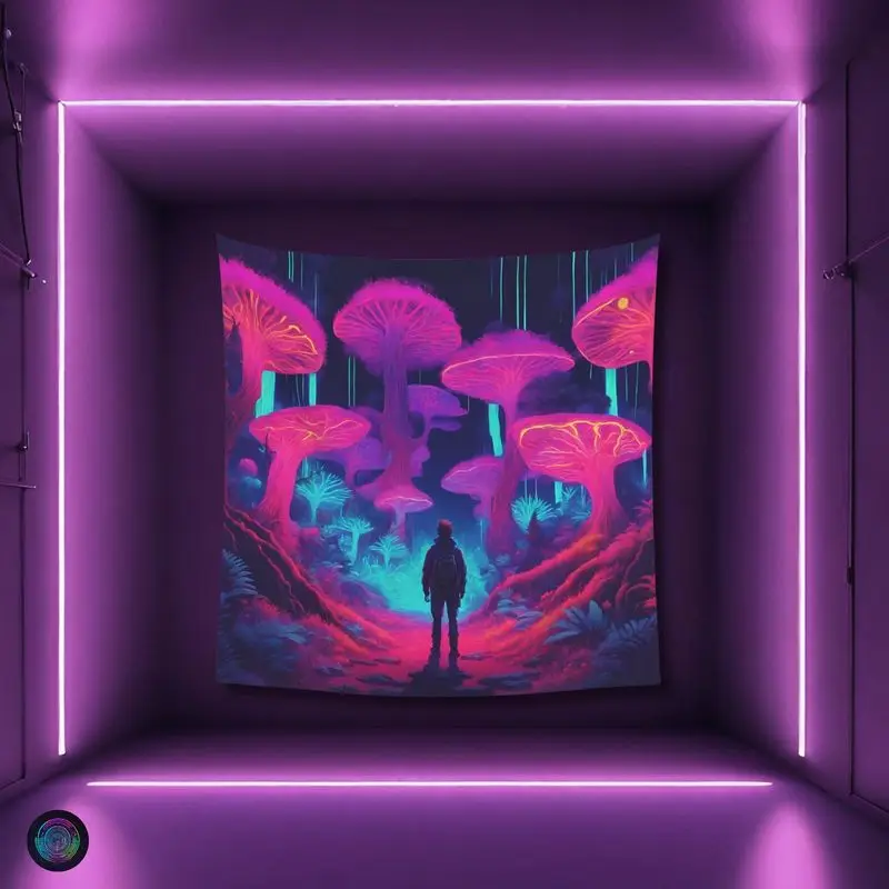 VIKAMA Psychedelic Neon Mushroom Tapestry Fantasy Forest Wall Hanging Glow Dark Art Bedroom Living Room Decor