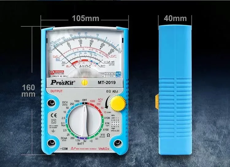 Оригинальный Pro'sKit MT-2019, стандартная защитная функция, аналоговый мультиметр, измеритель Ом, постоянный ток, переменный ток, напряжение, ток