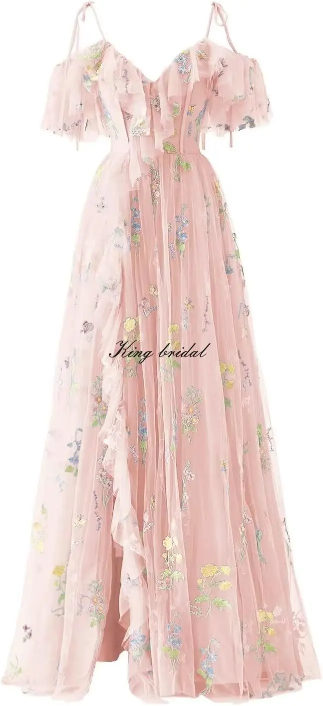 العرف المرأة زهرة التطريز تول فساتين لحضور الحفلات الموسيقية شق طويل السباغيتي الأشرطة الخامس الرقبة الجنية فستان رسمي مساء ثوب الحفلات