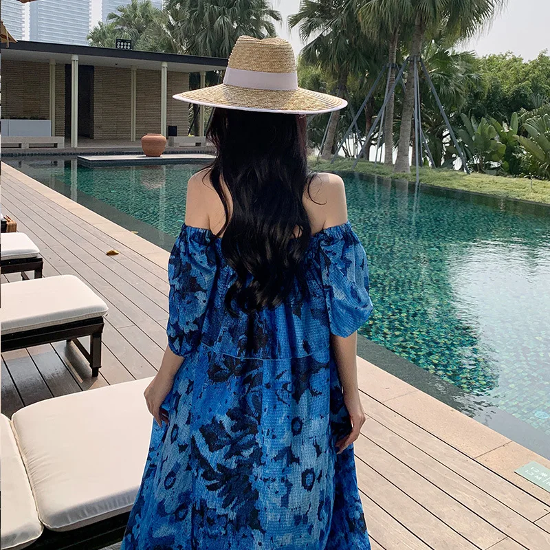 Summer blue one-shoulder dress loose cover meat Sanya beach holiday beach dress