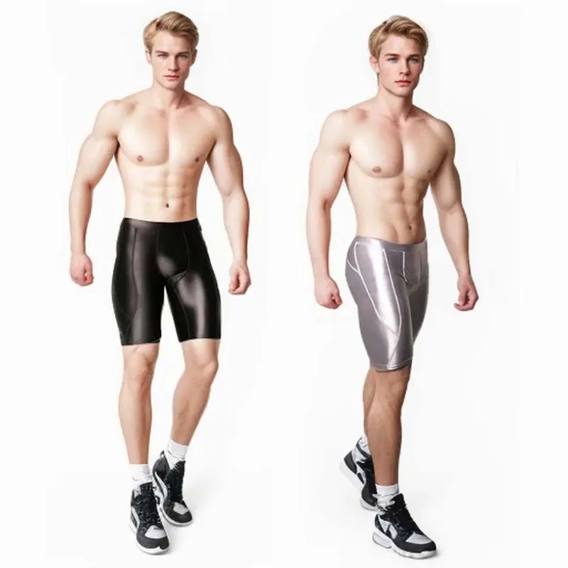 AMORESY uomo Sexy liscio lucido vita media abbigliamento sportivo collant elastici pantaloni di seta in esecuzione sport pantaloncini da spiaggia Fitness traspiranti