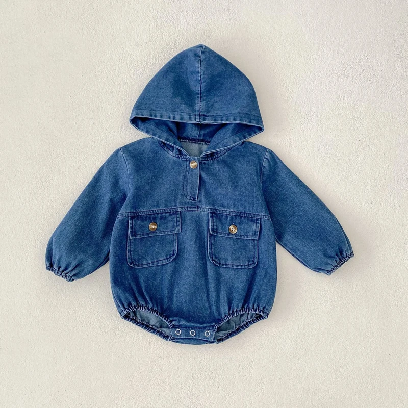 New autumn style 0-2 year old baby  clothes for boys and girls, denim hooded long sleeved triangle hoodie crawling  clothes