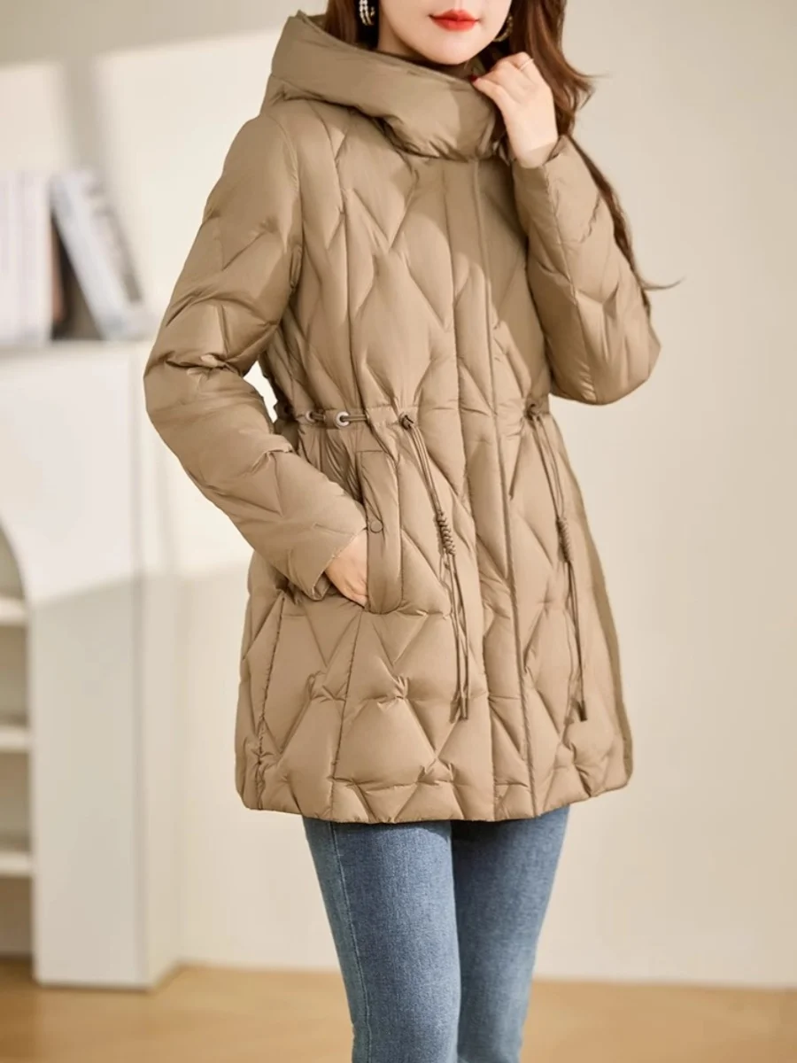 

Корейский Sle Thiened Down Jaet, женская средней длины, новинка 2025, шляпа с поясом для похудения, модная теплая верхняя одежда