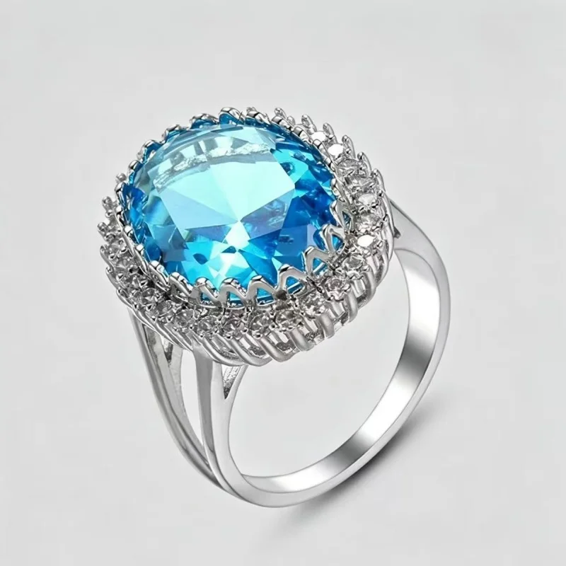Blue Leaf Elliptical Zircon Shining Earrings and Rings 2-piece Set, Fashionable and High End Design, Trendy First Jewelry