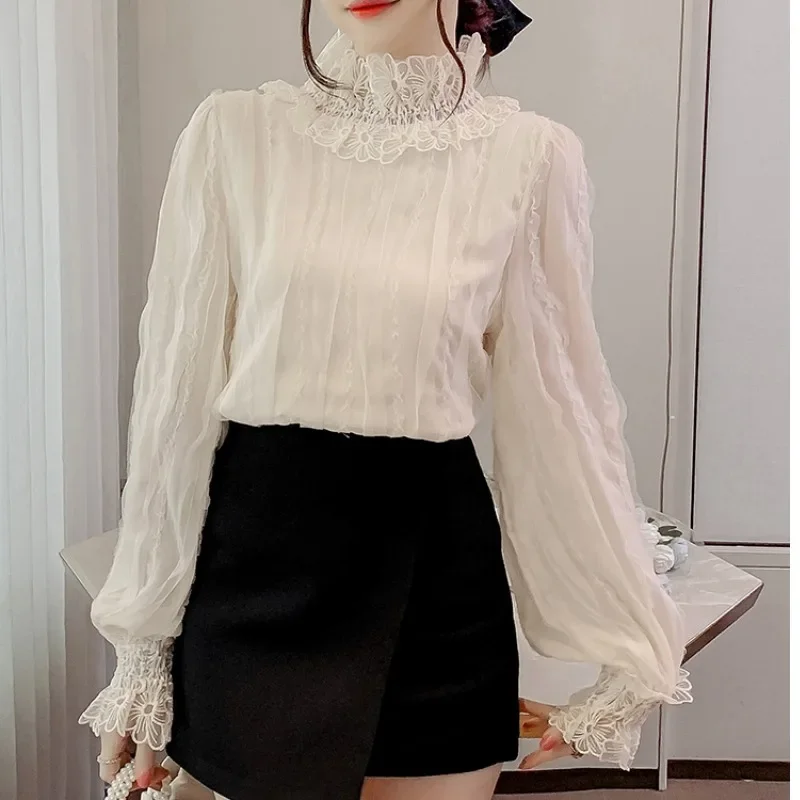 Women\'s Lace Shirts Blouses Y2k Vintage Aesthetic Harajuku 2000s Elegant Fashion Solid Color Long Sleeve Shirt Top Clothes 2024