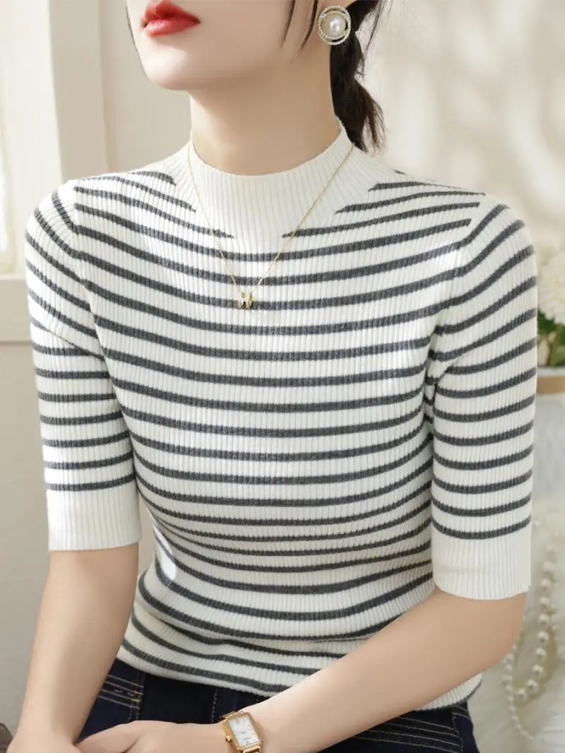 2024 Summer Striped Half High Collar Middle Sleeve Spring Slim Contrasting Colors Comfortable Tops Affordable All-match T-shirt