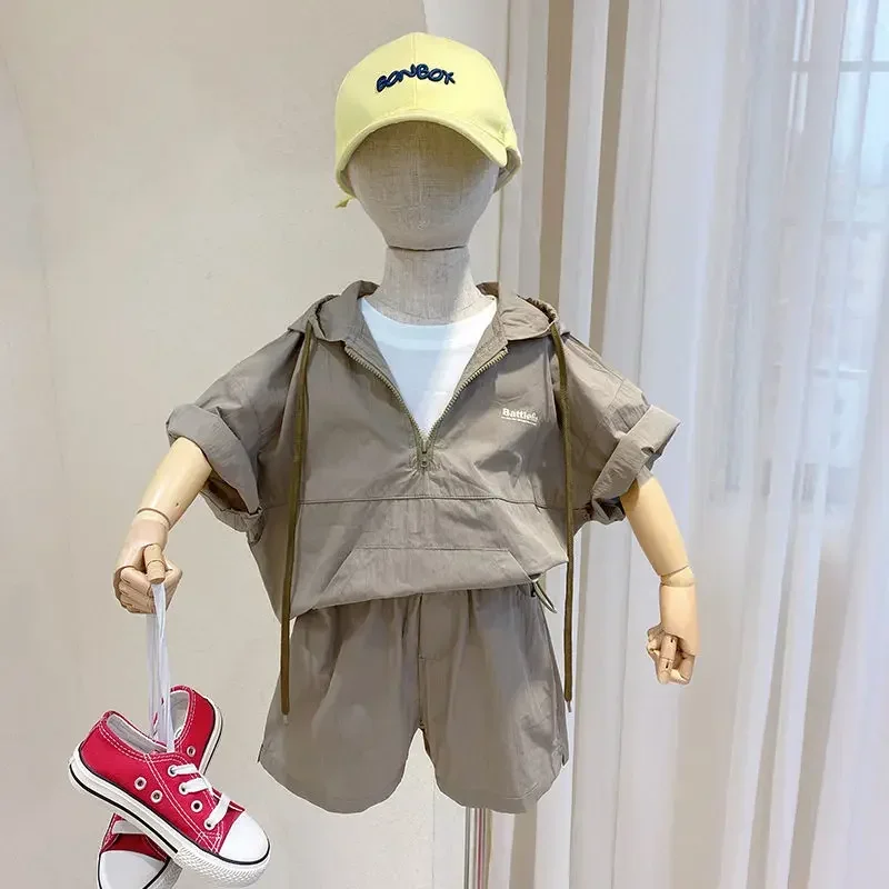 Kids Children Sunscreen Clothing Summer Clothes 2026 Baby Boy Suit Short-sleeved Fake Hoodie + Shorts 2 Pcs Casual Set Outfits