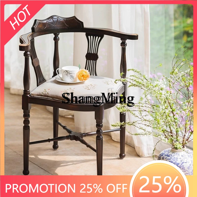 

FG medieval home living room balcony backrest armrest triangle chair bedroom retro solid wood dining chair
