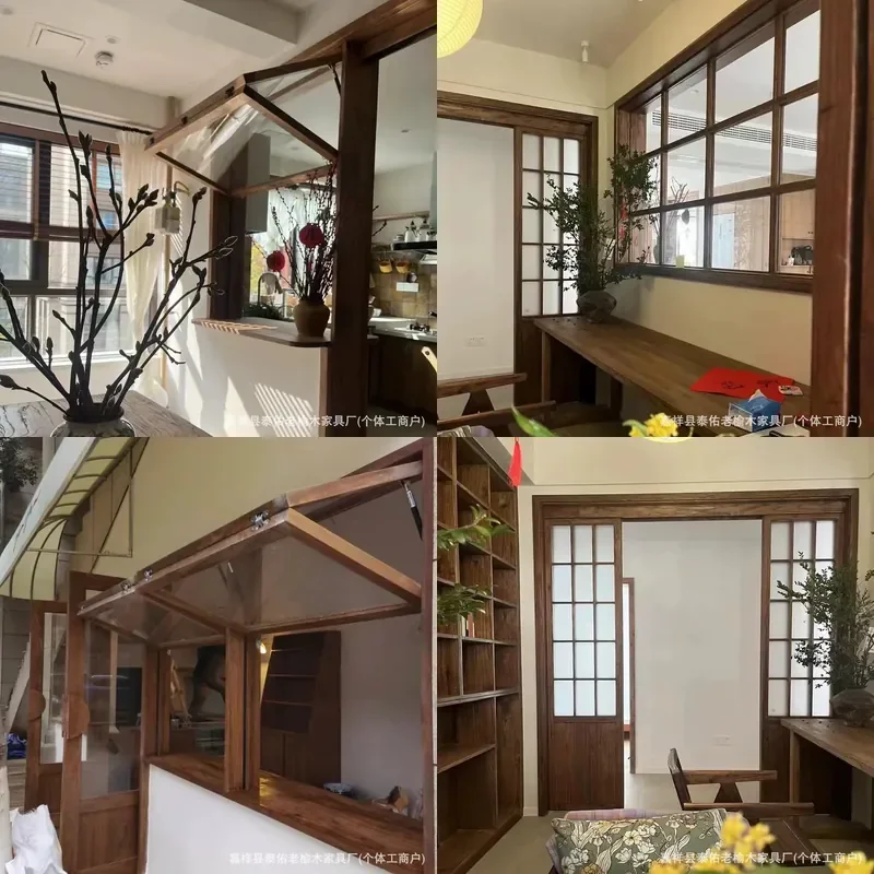 Retro Old Elm Solid Wood Folding Window Sliding Door Decorative for Cafe Homestay Restaurant Nostalgic Up Down Design