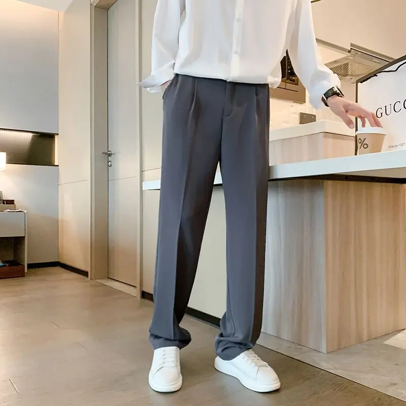 Spring Summer New Solid Color Casual Loose Suit Pants Man High Street Zipper Patchwork Button Pockets All-match Straight Pants