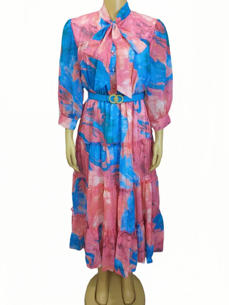 

2025 Spring Summer Women Casual Slim Office Ladies Dresses Retro Elegant High Waist Printed 3/4 Sleeve Party Dress Vestidos