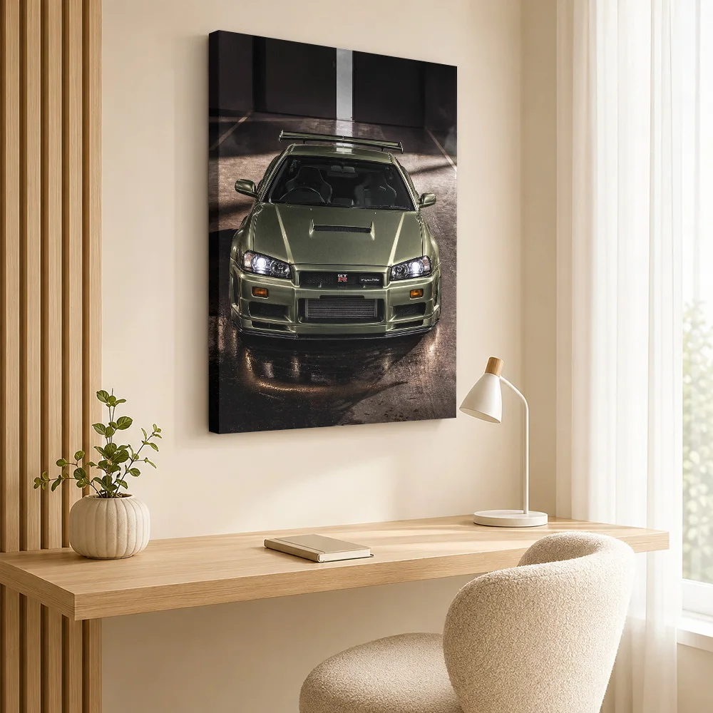 Japanese R34 GT-R V-Spec II Nur Sports Car Canvas Print Customized Photo Moody Lighting Wall Art For Lounge Motoring Fan Gift