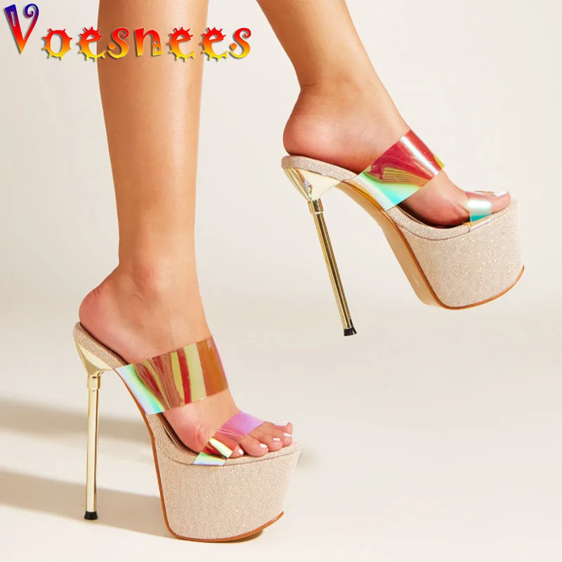 Colored Glass Rubber Strip Summer 17CM Thin High Heels Pumps Platform Sandals Nightclub Fad Dance Shoes Catwalk Women Slippers