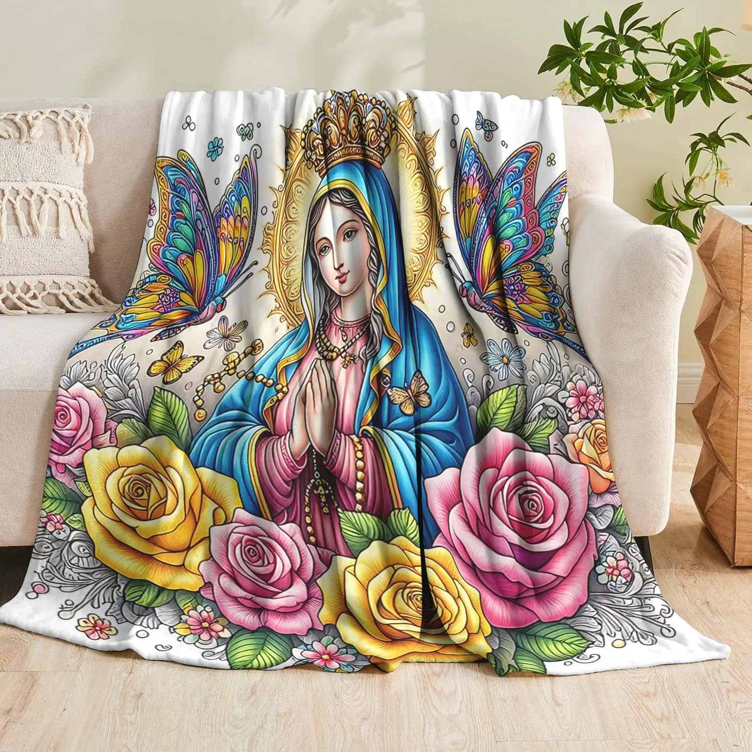 Virgin Mary Butterflies Roses Flannel Fleece Blanket Soft Throw for Sofa Couch Living Room Decor