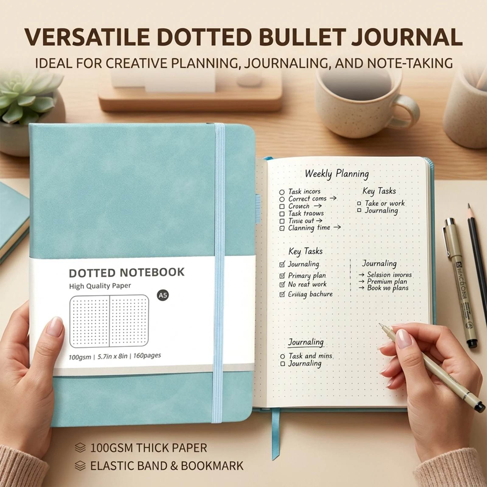 A5 Hardcover Notebook Macaron Colors Business Planner with Elastic Band Dot Grid and Lined Pages Portable Durable for School
