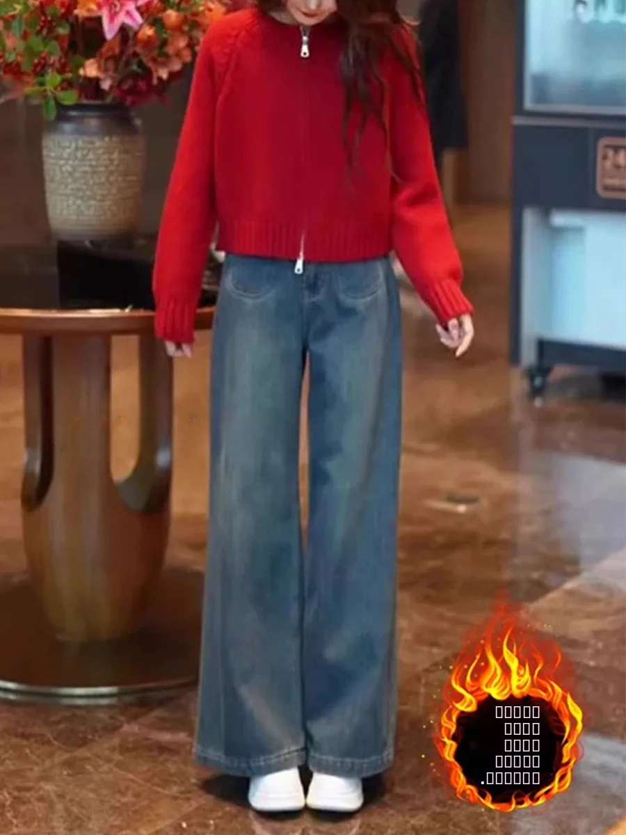 

Женские джинсы больших размеров с высокой талией, на флисовой подкладке, широкие, свободного кроя, прямые, в пол, осенне-зимняя мода