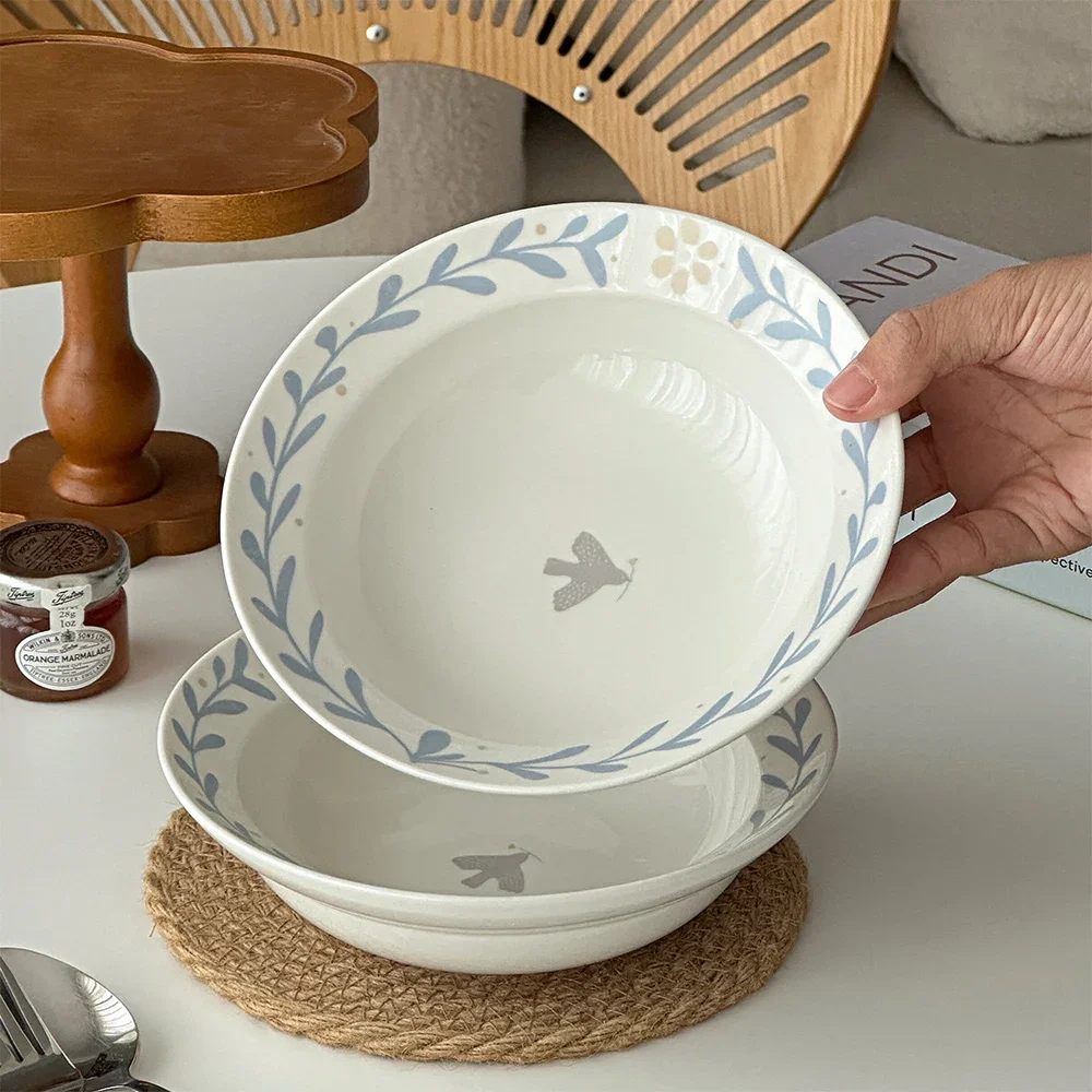 Round Creative Porcelain Bowl 6.8 Inch Ins Plant Floral Restaurant Household Dinnerware Vegetables Fruit Salad Dessert Bowls
