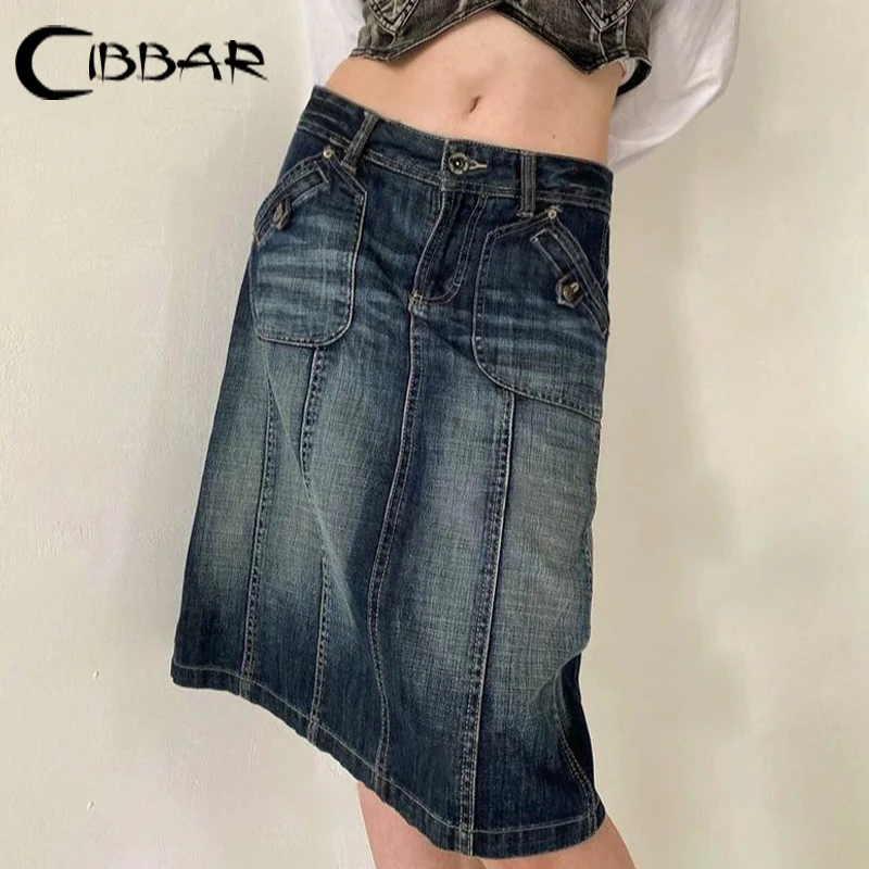 CIBBAR Harajuku Denim Midi Skirt Streetwear Low Rise Pockets Patchwork Straight Skirts y2k Aesthetic Ladies Bottoms Vintage Chic