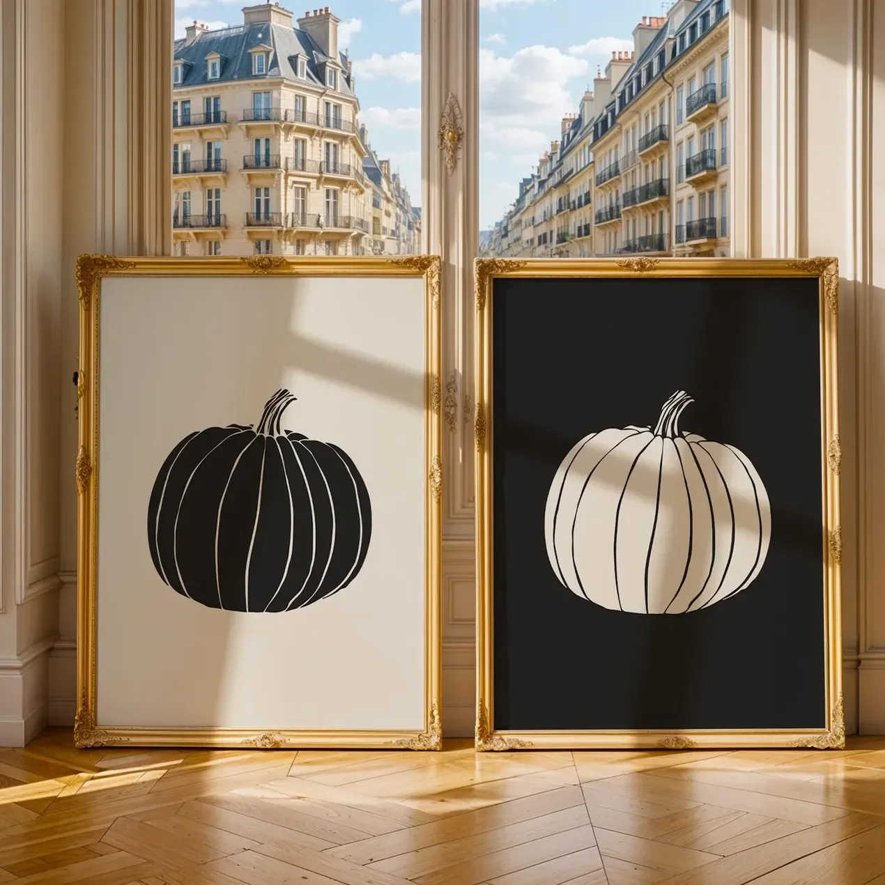2pcs frameless Canvas Painting 2PCS  Fall Minimalist Halloween Poster  Anthracite & Off White Pumpkin Wall Art  Autumn Gift Canv
