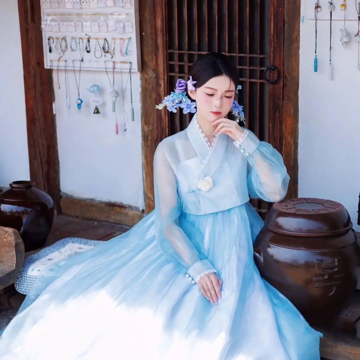 New hanbok Korean women's court dress in blue daily ethnic style clothing for travel photography