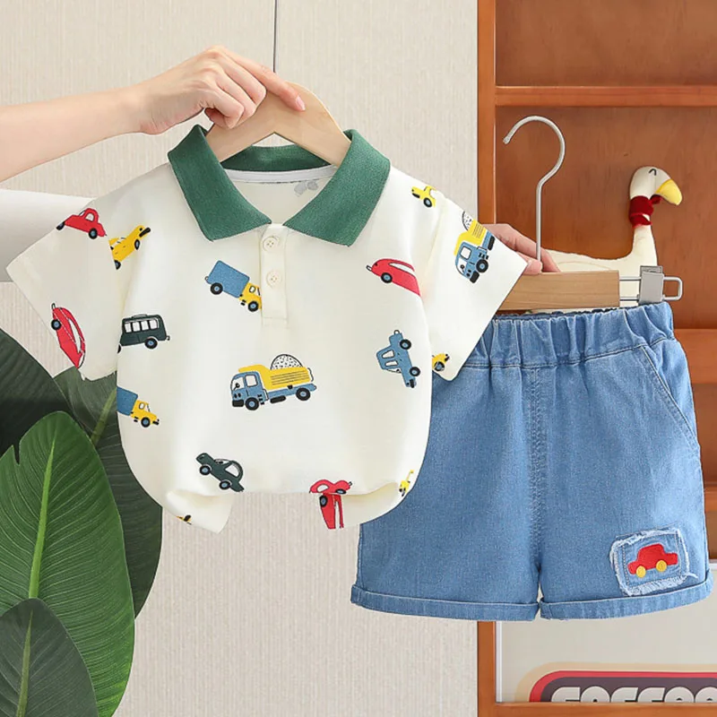 

2Piece Summer Toddler Boy Outfits Korean Fashion Casual Print Cartoon Short Sleeve Tops+Denim Shorts Kids Boutique Clothing B147