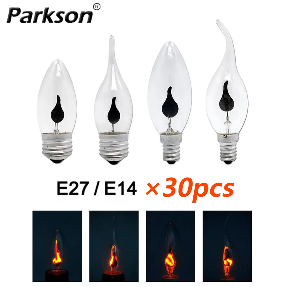 

30pcs Retro LED Edison Lamp Bulb E27 E14 AC 220V 230V 3W Vintage Flame LED Candel Bulb Lights Tip Tail For Indoor Deora Lighting