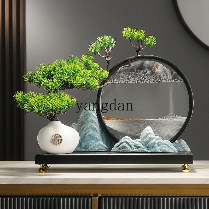 YD Welcome Pine Landscape Quicksand Painting Ornament Chinese Zen Entrance Office Crafts Tea Room Hourglass Ornament