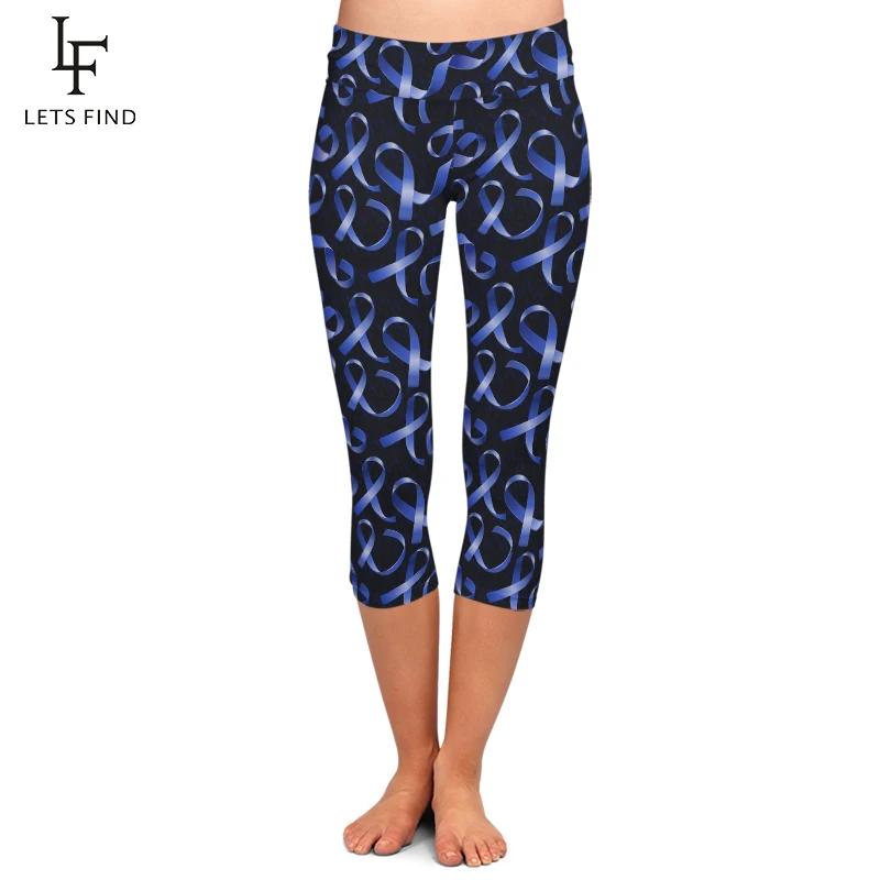 

LETSFIND Summer 220gsm Milk Silk Blue Ribbon Print Capri Leggings High Waist Soft Fitness Mid-Calf Stretch Leggings