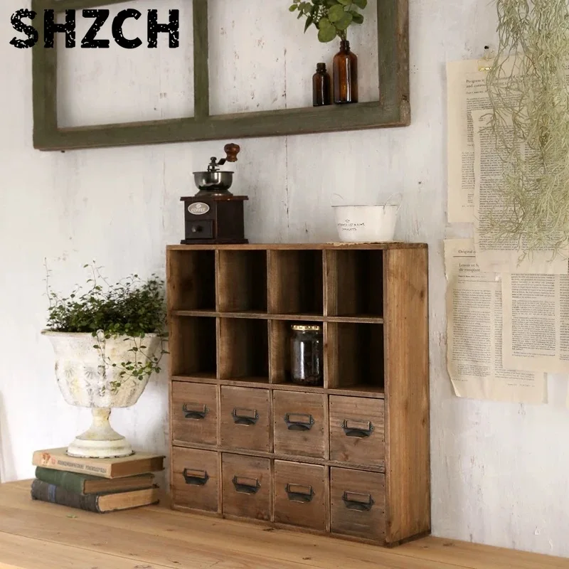Vintage Wooden Storage Cabinet, 16 Compartments with 8 Drawers, 20x20x5.1 inches, Rustic Brown