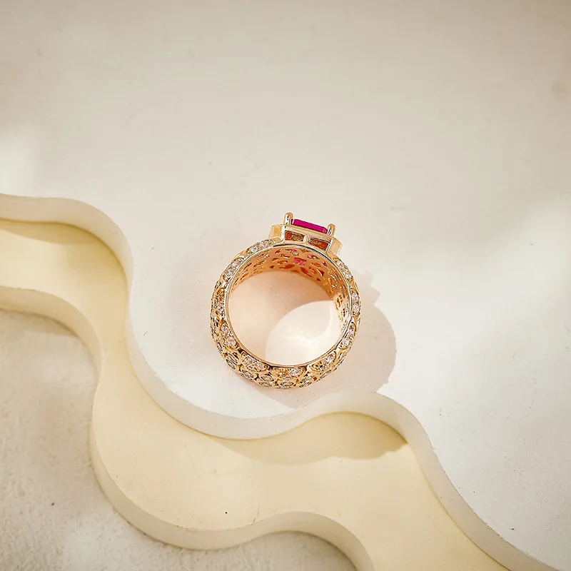 Designer Collection Style High-end Women Lady Hollow Out Inlay Cubic Zircon Artificial Pink Corundum Plated Gold Party Ring image 3