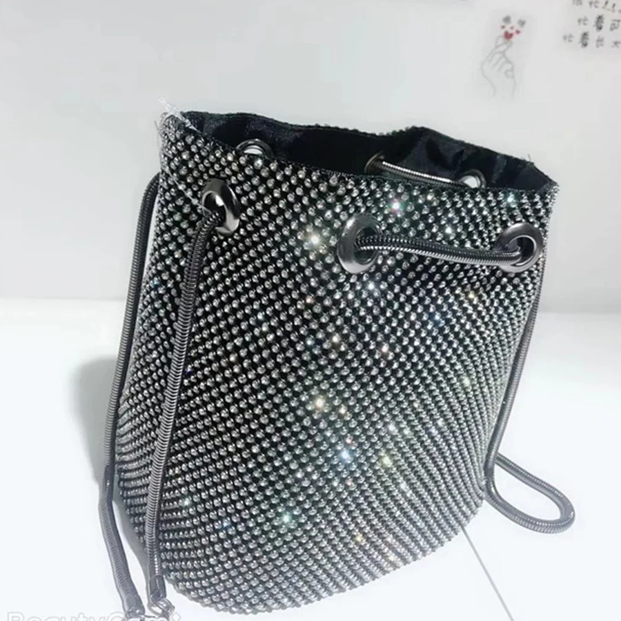 Shiny Chain Bucket Bags Women Evening Bags Diamonds Soft Silver Shoulder Bags Clutch Rhinestones Bridal Party Wedding Handbags view 6