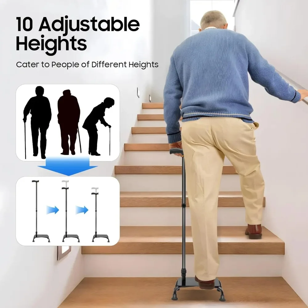 2-in-1 Stair Climbing Assist Cane - Aluminum Alloy 4-Legged Anti-Slip, 10 Adjustable Heights (33.46-41.34in)&330lbs Max Load