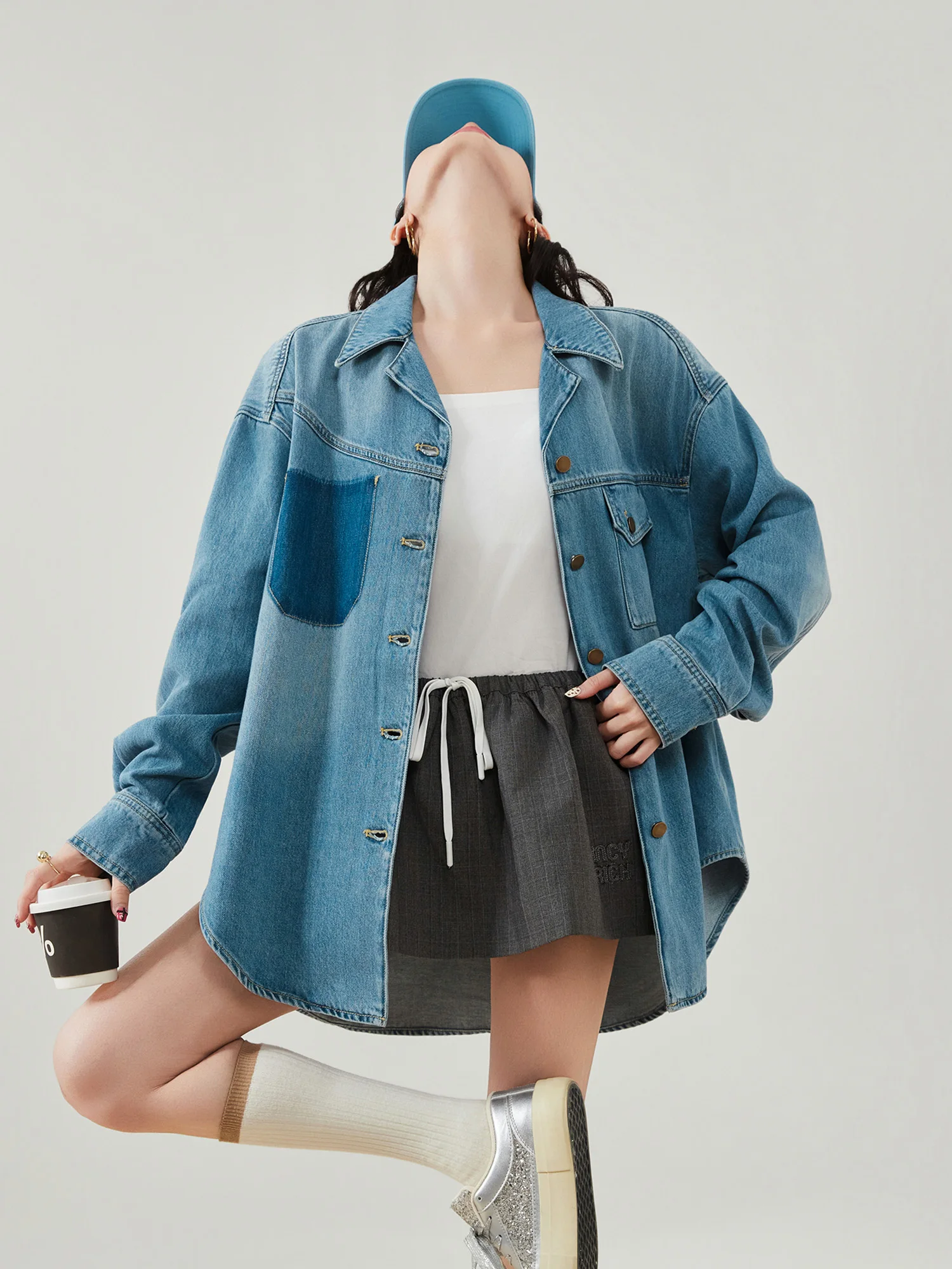 

Retro American Waed Denim irt Women's Spring New Layering Versatile ape Paper Person irt Jaet Loose Fit Polyester F...