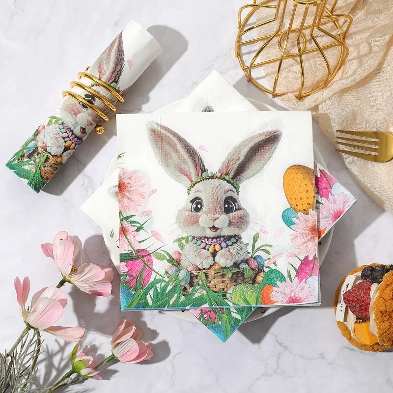 20 Pieces 33*33cm 2-layer Easter-themed Napkins with Bunny, Eggs, and Easter Party Atmosphere DIY Decoupage Paper