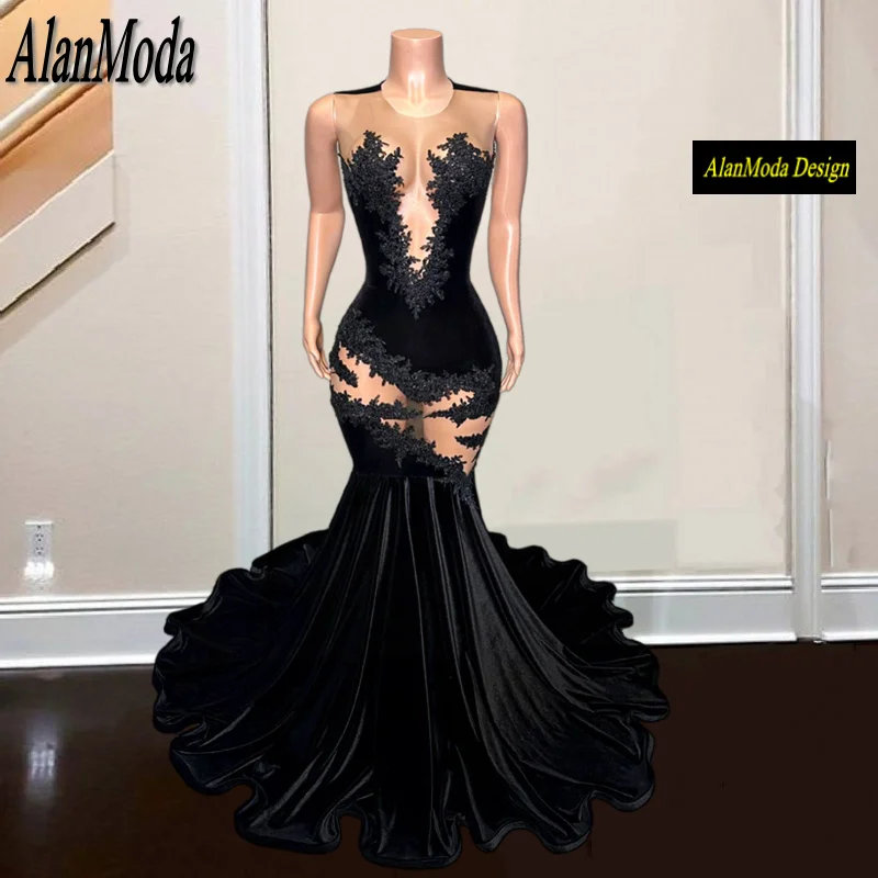 Sexy Black Prom Dresses 2025 Lace Applique Sequin Mermaid Party Gowns For Women Sheer Neck Velvet vestidos de fiesta Customized