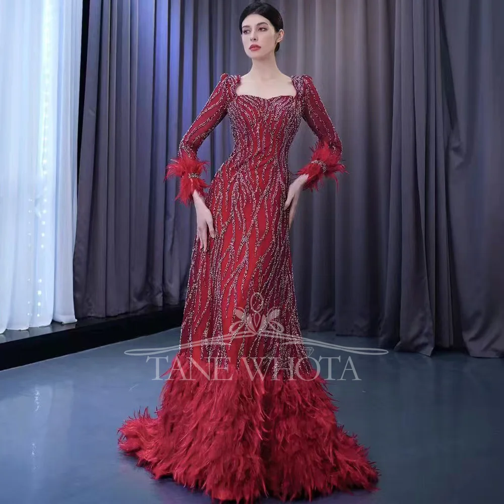 

Red Evening Dress 2025 Sweetheart Long Sleeve Lace Up Back Sheath Sequined Feathers Customizable Prom Gown
