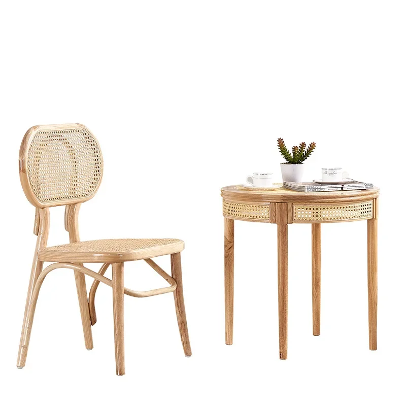 Nordic Windsor rattan dining chair, solid wood medieval backrest, hotel B & B dining table and chair Teng combination