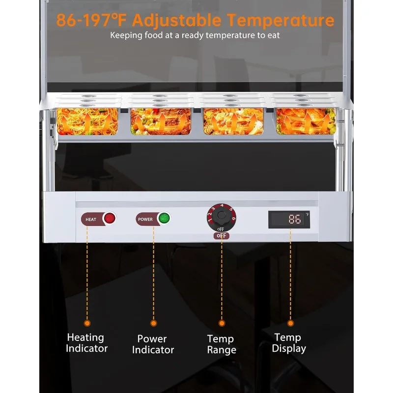 سخان الطعام التجاري 12x8QT طاولة بخار كهربائية 12 مقالي مع درع أكريليك من الفولاذ المقاوم للصدأ باين ماري كونترتوب مع L