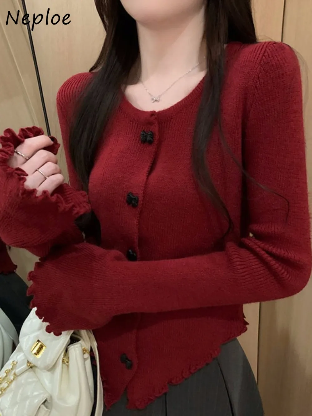 

Neploe Lovely Bow Christmas Sweet Cardigan Slim Long Sleeve Moda Elegant Jumper Korea Chic Fungus Flare Sleeve All-match Knitted