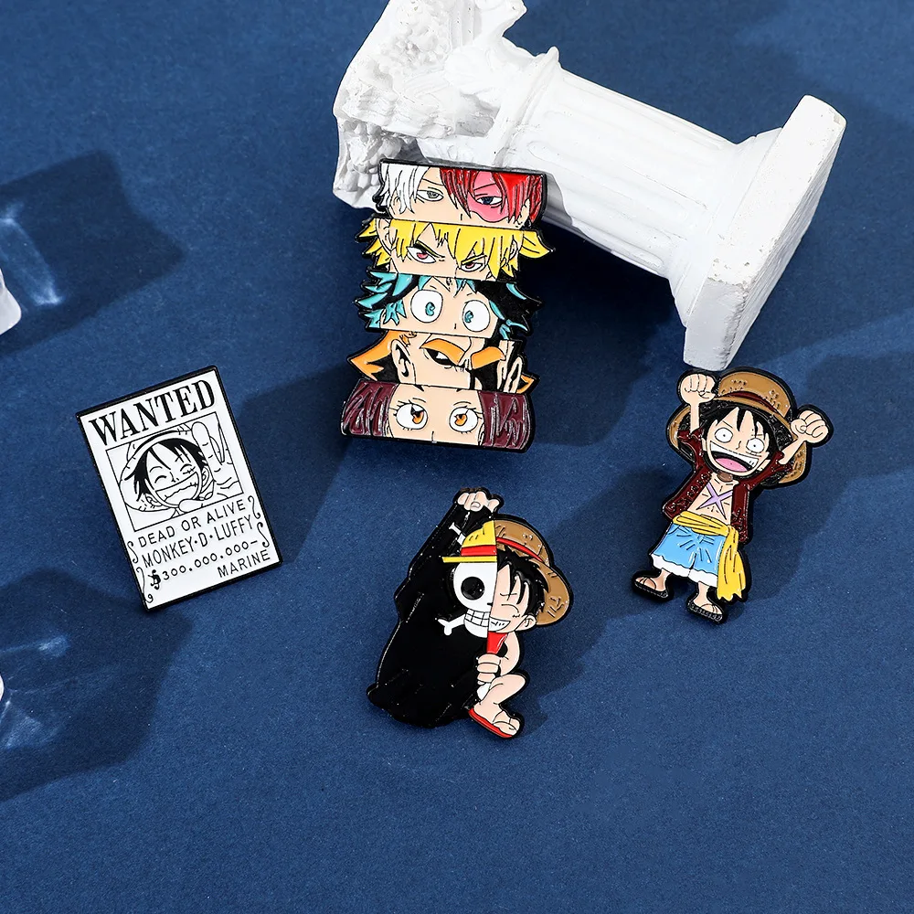 One Piece Brooches Cartoon Luffy Anime Action Figures Metal Enamel Brooches Backpack Lapel Pins Toys Ornaments Childrens Gifts