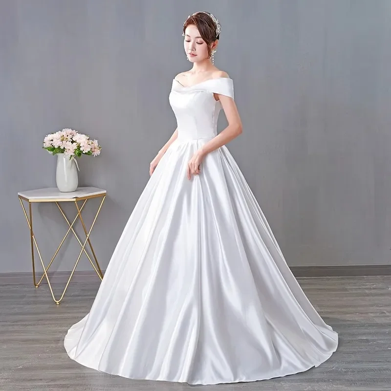 Cheap Wedding Dresses White Satin Simple Off the Shoulder Pleat Lace up Princess Floor-length Plus size Bride Ball Gowns XN057